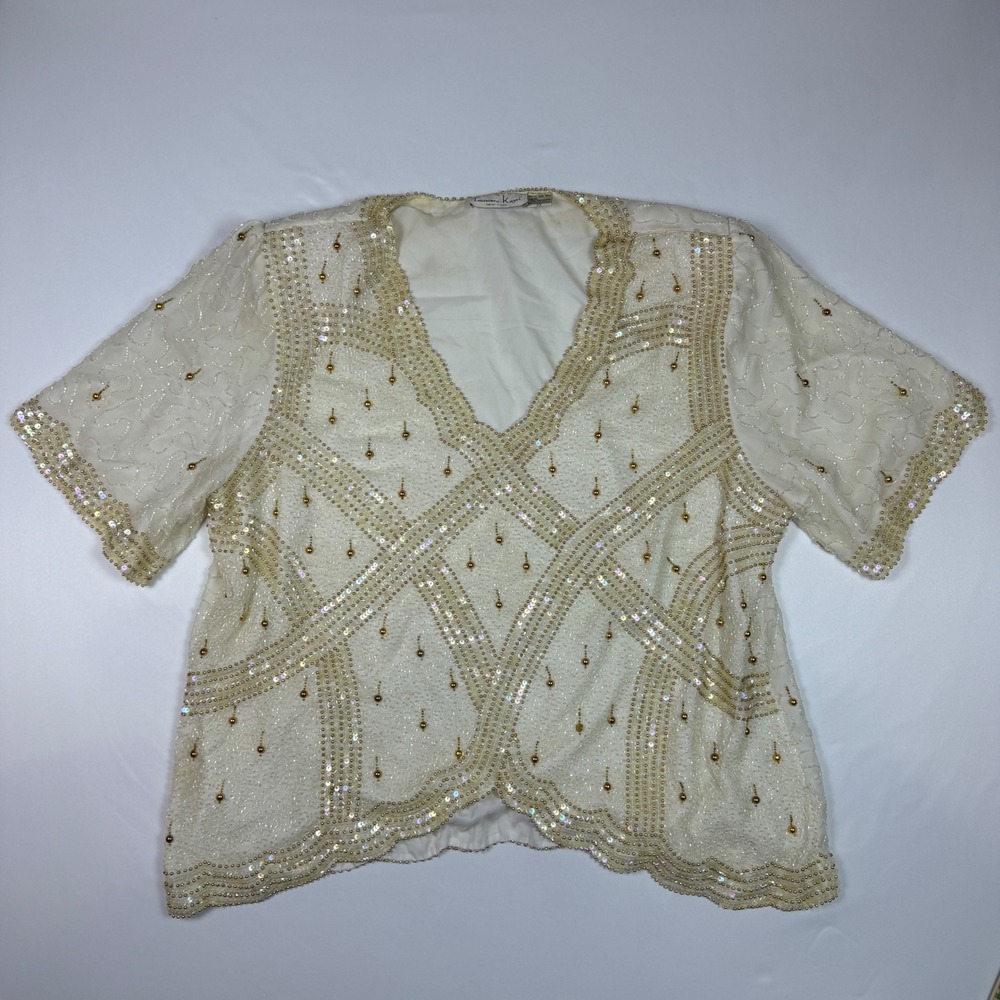 Laurence Kazar Beaded Silk Blouse Womens 3X White Gold Sequin Vintage Top